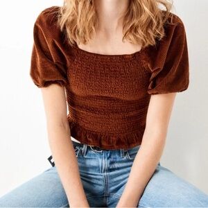 Brown Smocked Puff Sleeve Top